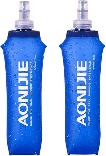 AONIJIE 2 botellas de agua plegables deportivas sin BPA + 2 tapas para popotes de repuesto, tereftala de agua de TPU para refrescos, botella