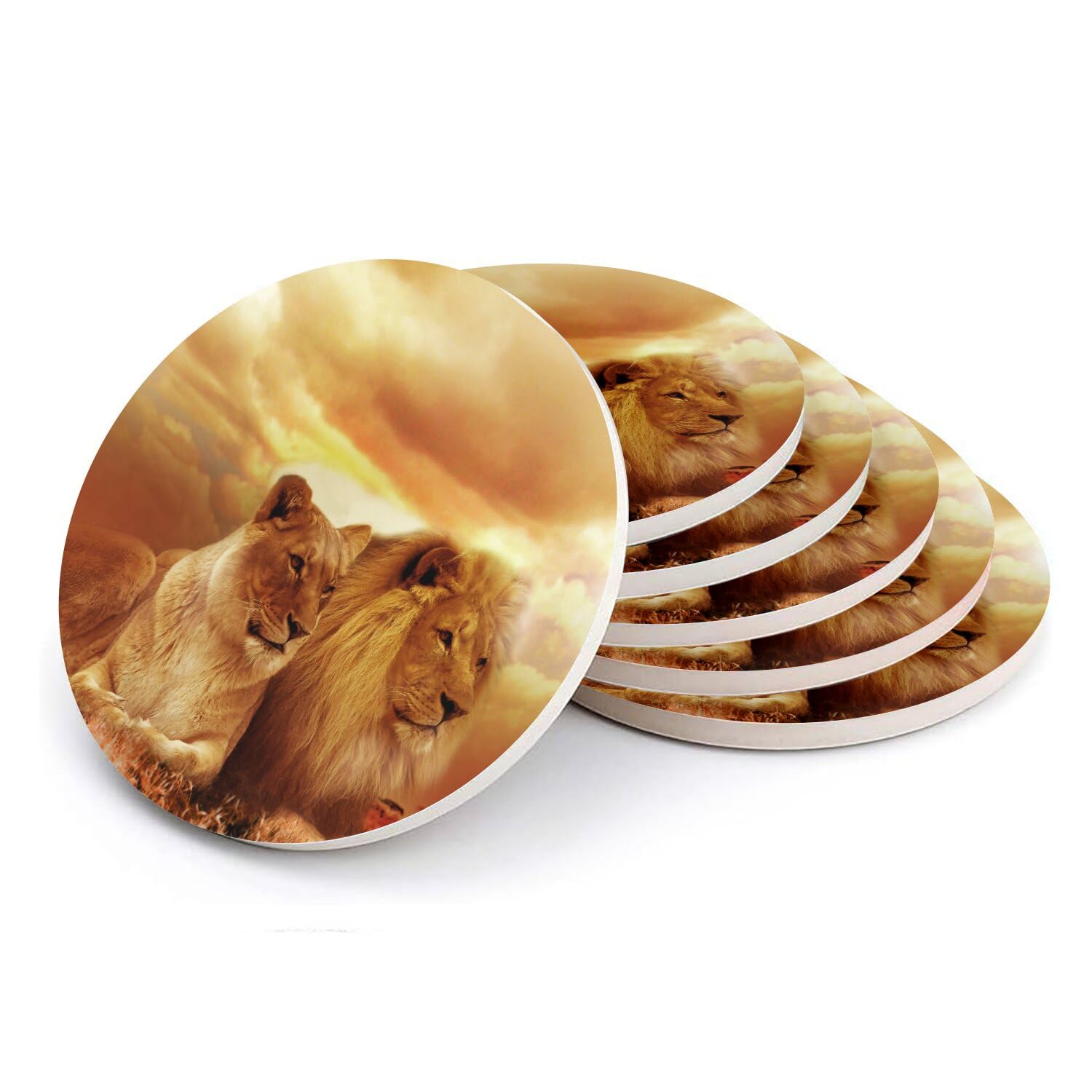 Sous-verres ronds céramique couple de lions pour éviter les taches d'eau sur vos tables
