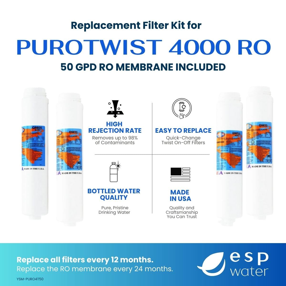 PuROTwist 4000 Kit de repuesto de filtro RO completo con membrana de ósmosis inversa de 50 GPD (YSM-PURO4T50)