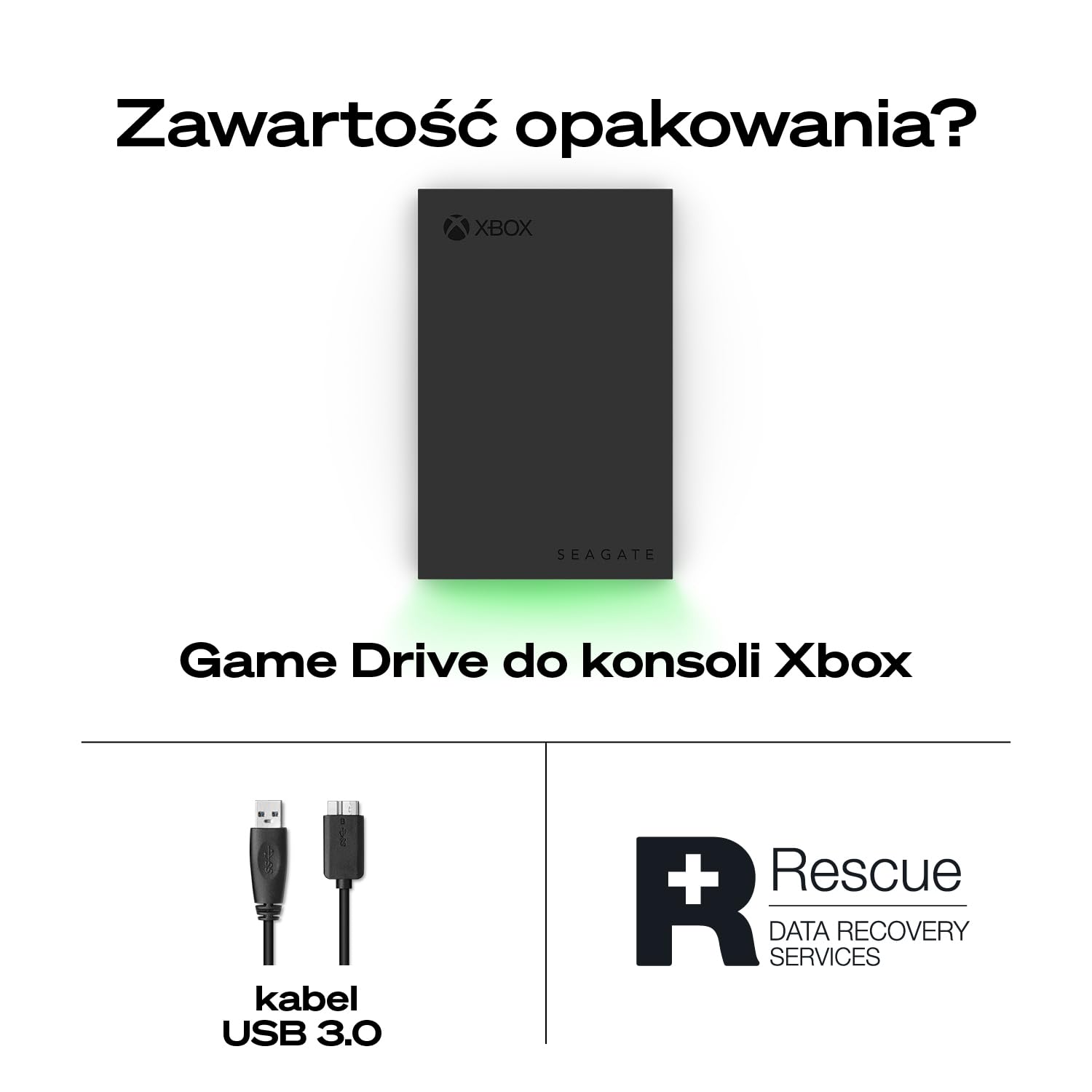 Seagate Game DriveXbox 2TB, Zewnętrzny dysk twardy, USB 3.2 Gen 1, wskaźniki LED RGB, Czarny, Data Rescue Service (STKX2000403)