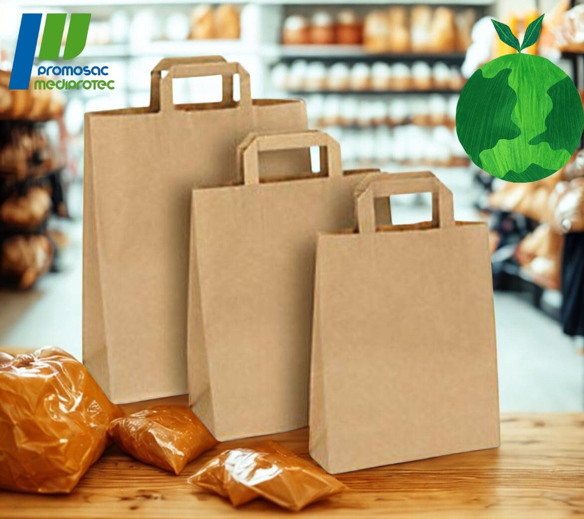 Sac Kraft Papier Recyclé | Fond Plat - Poignées Plates | Lot de 100 Sacs Cabas Haute Résistance | Apte Contact Alimentaire | Commerces - Alimentaire -Vente à Emporter - Cadeaux (32 + 22 X 28)