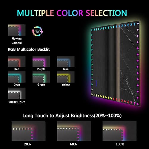 Miniatura 6 de Espejo de baño LED, 40 x 32 pulgadas, espejo de baño iluminado frontal y retroiluminado, RGB multicolor, anti-niebla, regulable, espejo de tocador