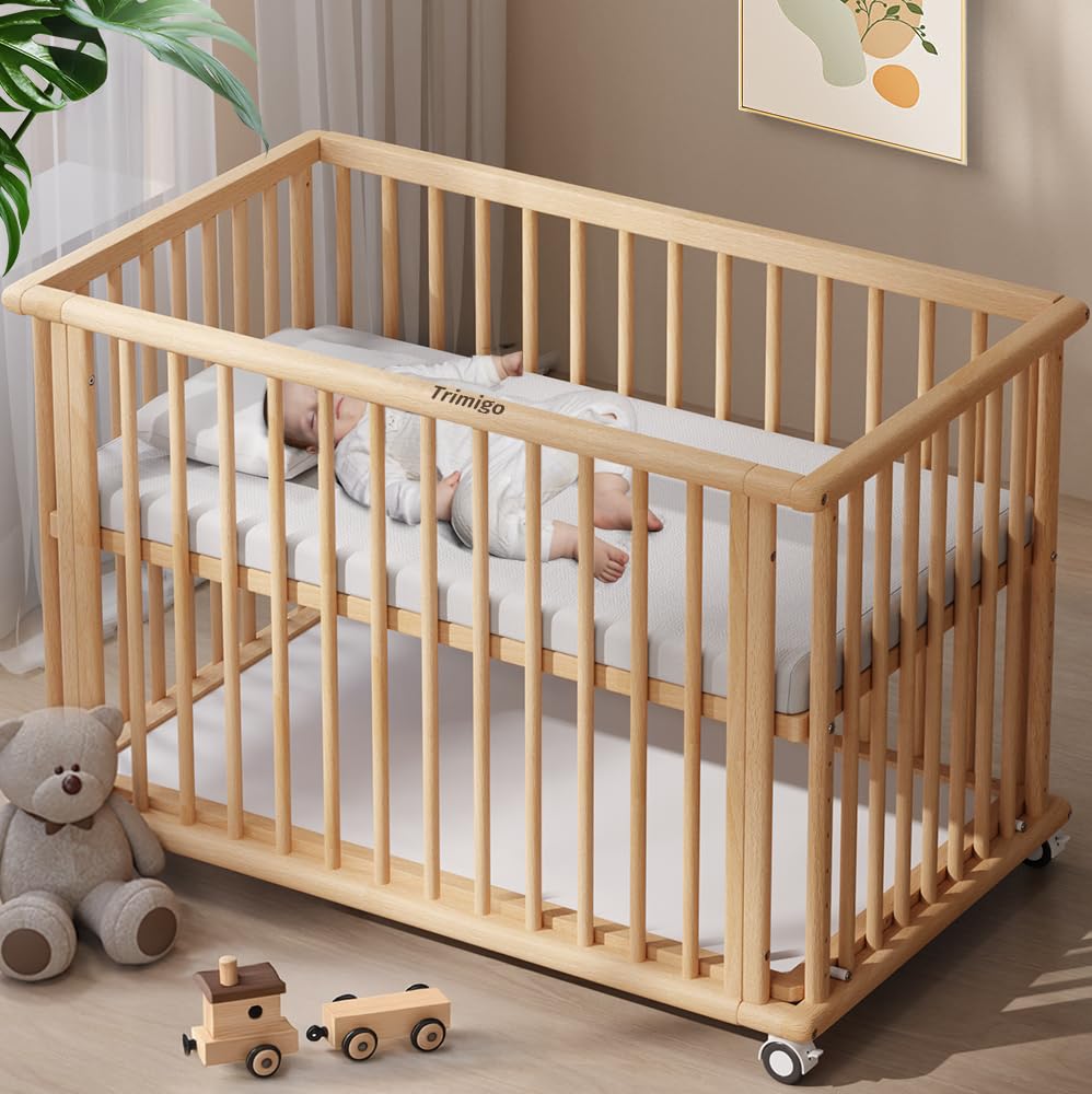Lit Bebe evolutif 6 en 1 -Lit pour Bebe,Cododo,Canapé-lit et Parc,Ardoise,Lit à barreaux，Bureau,en Hêtre Massif Naturel,Lit Bébé (Bois)
