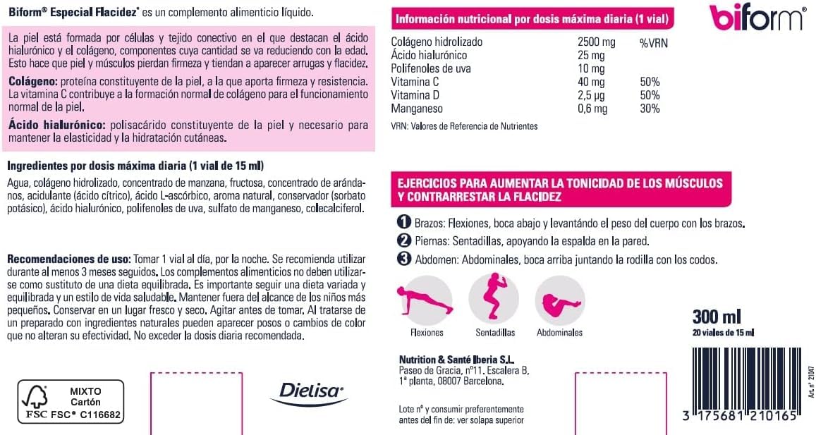 biform Especial Flacidez, Con Colágeno Bioactivo, Ácido Hialurónico y Vitaminas, Contribuye a la Formación Normal de Colágeno - 20 Viales