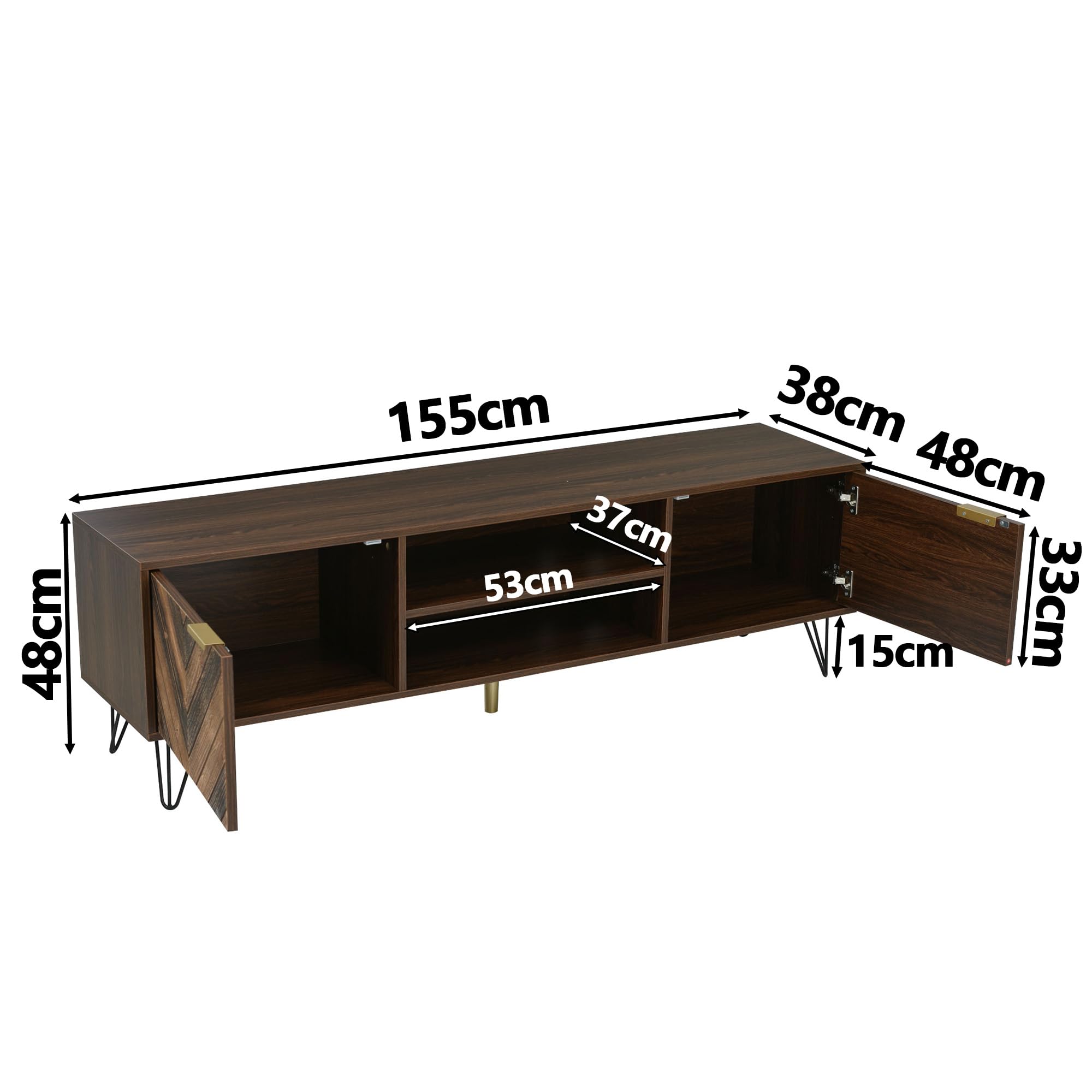 Niska szafka pod telewizor 155 x 38 x 48 cm, imitacja drewna, fornir z litego drewna z 2 drzwiami, złote uchwyty, żelazne nóżki, szafka pod telewizor do 65 cali, szafka pod telewizor, kredens, szafka