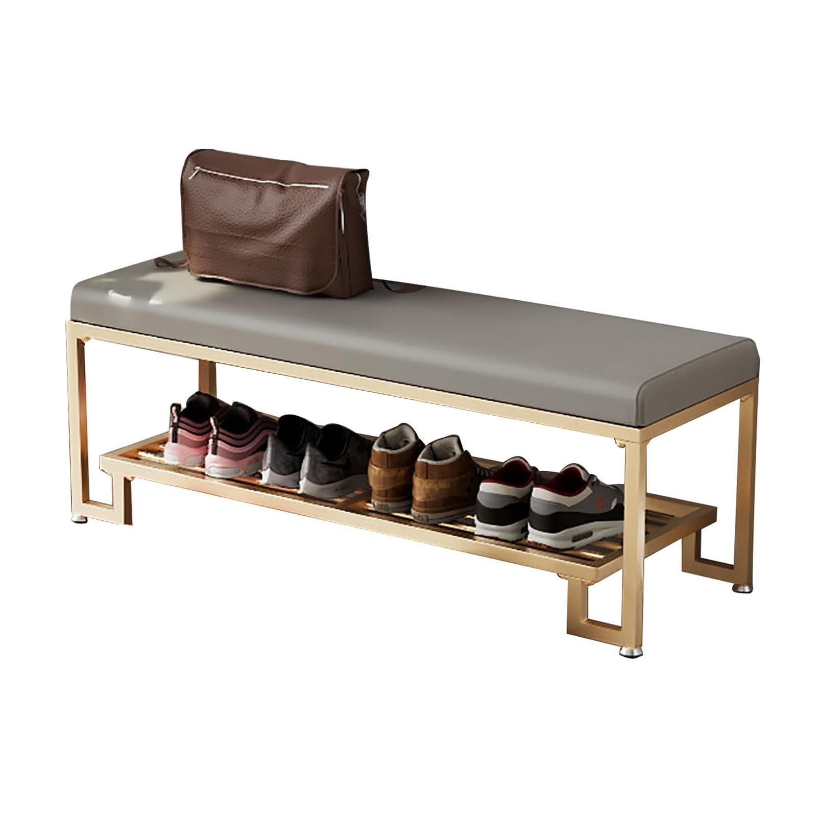 WJFTODAY Shoe Storage Bench with Cushion Metal Entryway Upholstered Shoe Rack Stool for Living Room Hallway Balcony Stylish Gray with Golden Legs (100cm)