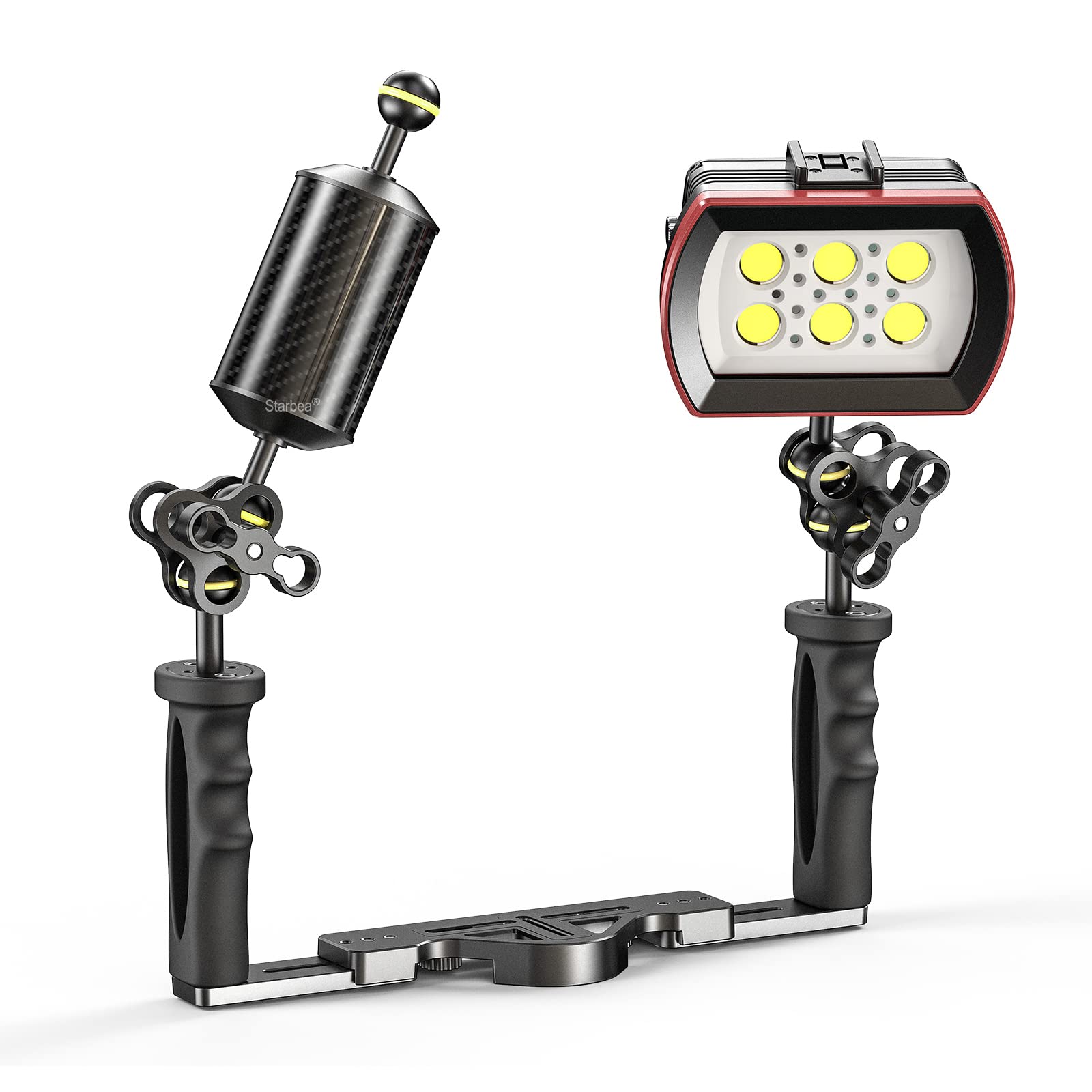 Seafrogs Brazo flotante subacuático de fibra de carbono, brazo de flotabilidad ligero de doble bola para bandeja de buceo, luz de video y estroboscópico, compatible con accesorios de fotografía y