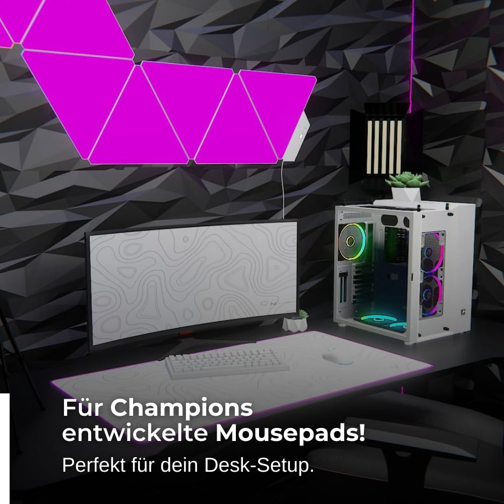 Nyfter - XXL Gaming Mauspad RGB White im Topography Design 900 x 500mm Premium Mousepad Size Groß vernähte Kanten langlebig mit high-end Glide und Anti-Rutsch Speed Gaming Mauspad