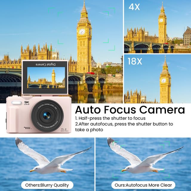 SOPPY 5K Digitalkamera 75MP Vlogging Kamera 3,0 Zoll 180° Flip-Screen Kompaktkamera 64GB 18X Digitalzoom Rosa