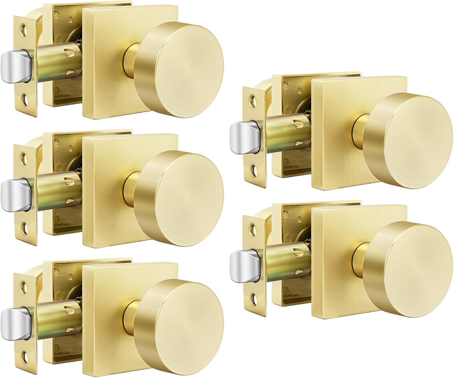 Goldenwarm Gold Closet Door Knobs, Brushed Gold Passage Door Knobs Interior for Hallways, Closets, Zinc Alloy Brushed Brass Interior Door Knobs, Heavy Duty Modern Square Door Knobs (5 Pack)