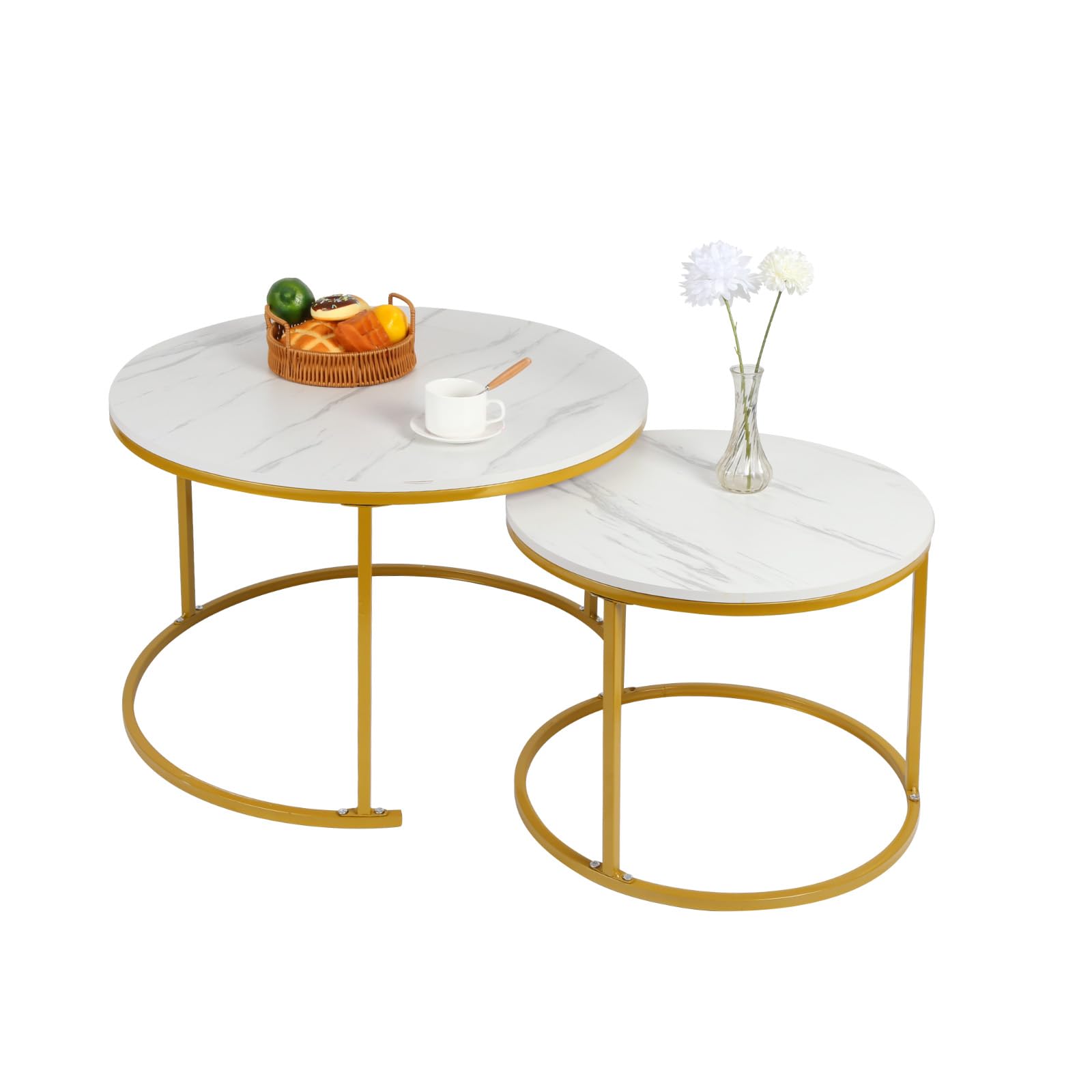 LANTUS Table Basse Salon, Adaptée au Salon, pour Fenêtre et Baie Vitrée, Coffee Table 2 Pièces, Table Basse Ronde Moderne, Table Gigogne Ronde,70 x 70 x 45 cm – Blanc et Or
