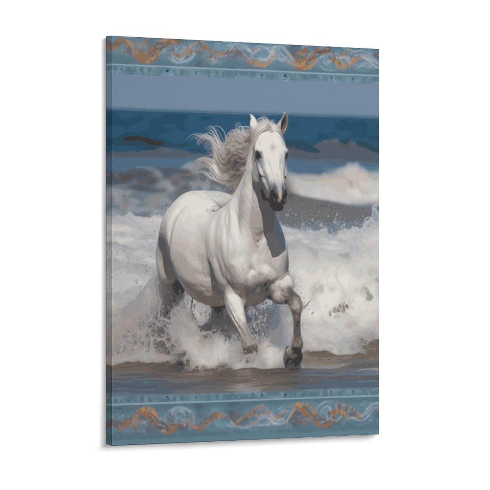 White Horse Running on The Sea Canvas Wall Art for Bedroom 18x24inch Canvas Prints Artwork for Walls Modern Picture Artwork Painting for Living Room Aesthetic Wall Paintings for Bathroom Kitc