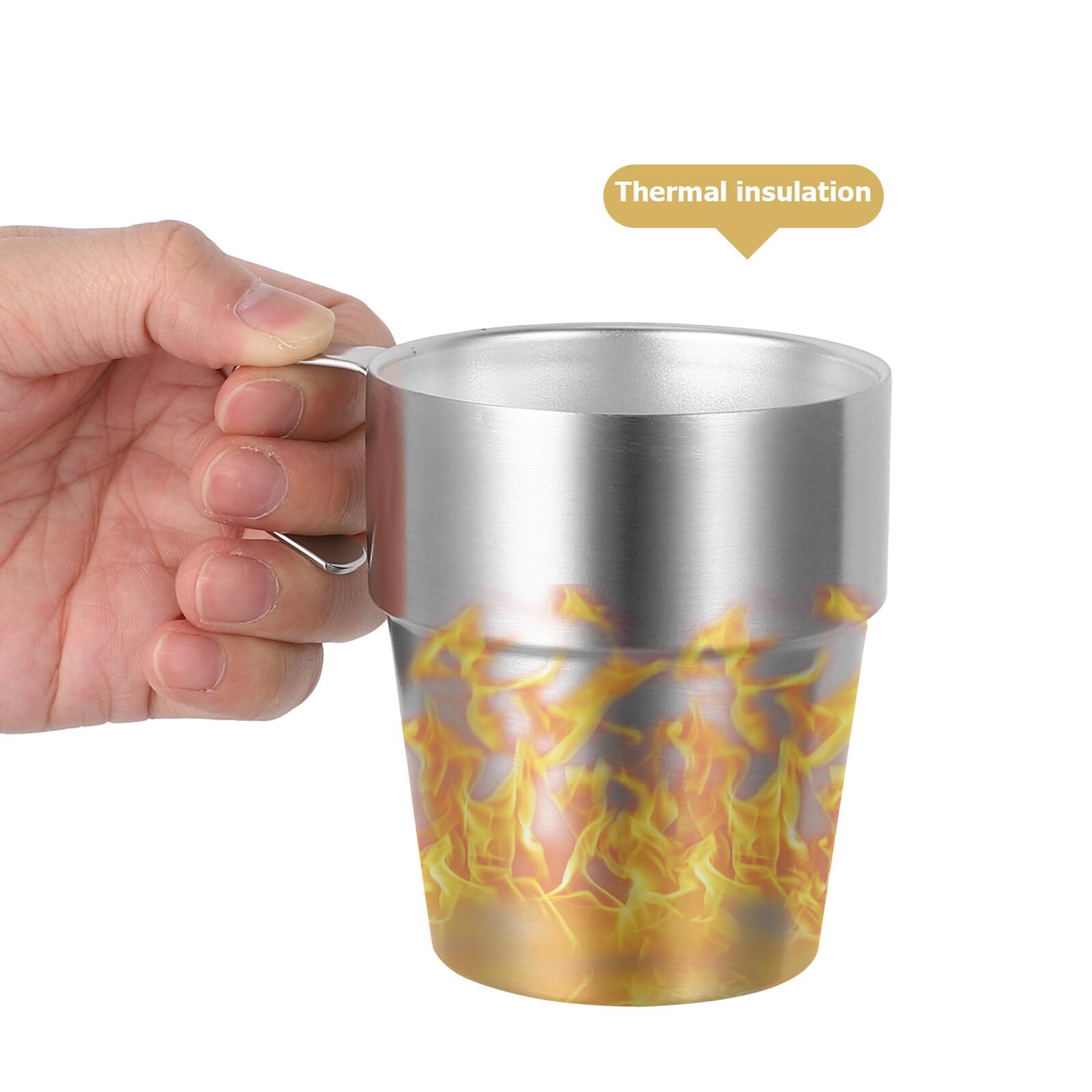 Tazza per Ragazzo Ragazza in Acciaio Inox Doppia Parete 300ml Argento | Manico e Rack, Set 1 Pezzo Impilabile, Adatta a Tè, Caffè e Bevande Fredde