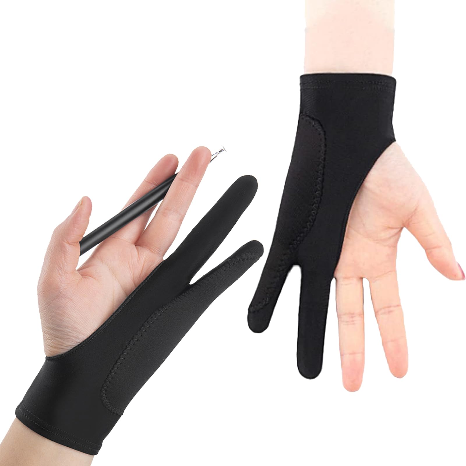 Ieron 2 Pcs Artist Glove, Size L Three-Layer Fixed Anti-touch Antifouling Digital Graphics Drawing Left Right Hand Glove Two Finger Drawing Glove
