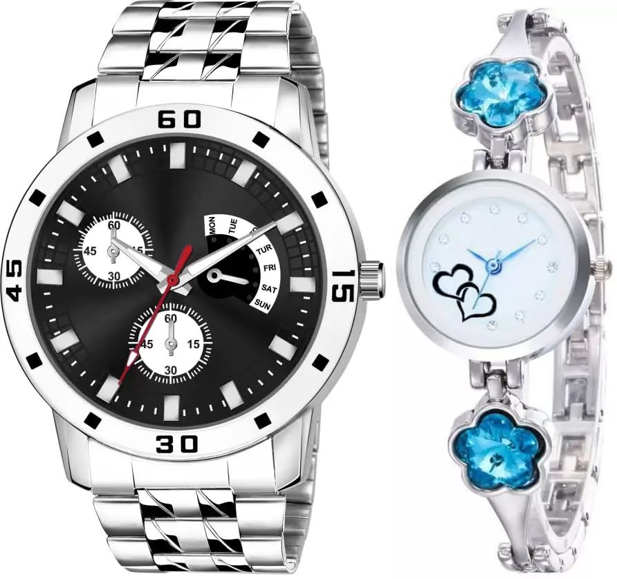 SELLORIA Premium Brand Trending Style Looking Unisex Analog Good Return Gift for Couple for Men Stainless Steel Blue Daimond Watch Watches for Couple Pack of 2 (Black) (B0CGX8HWDP) Amazon Price History, Amazon Price Tracker