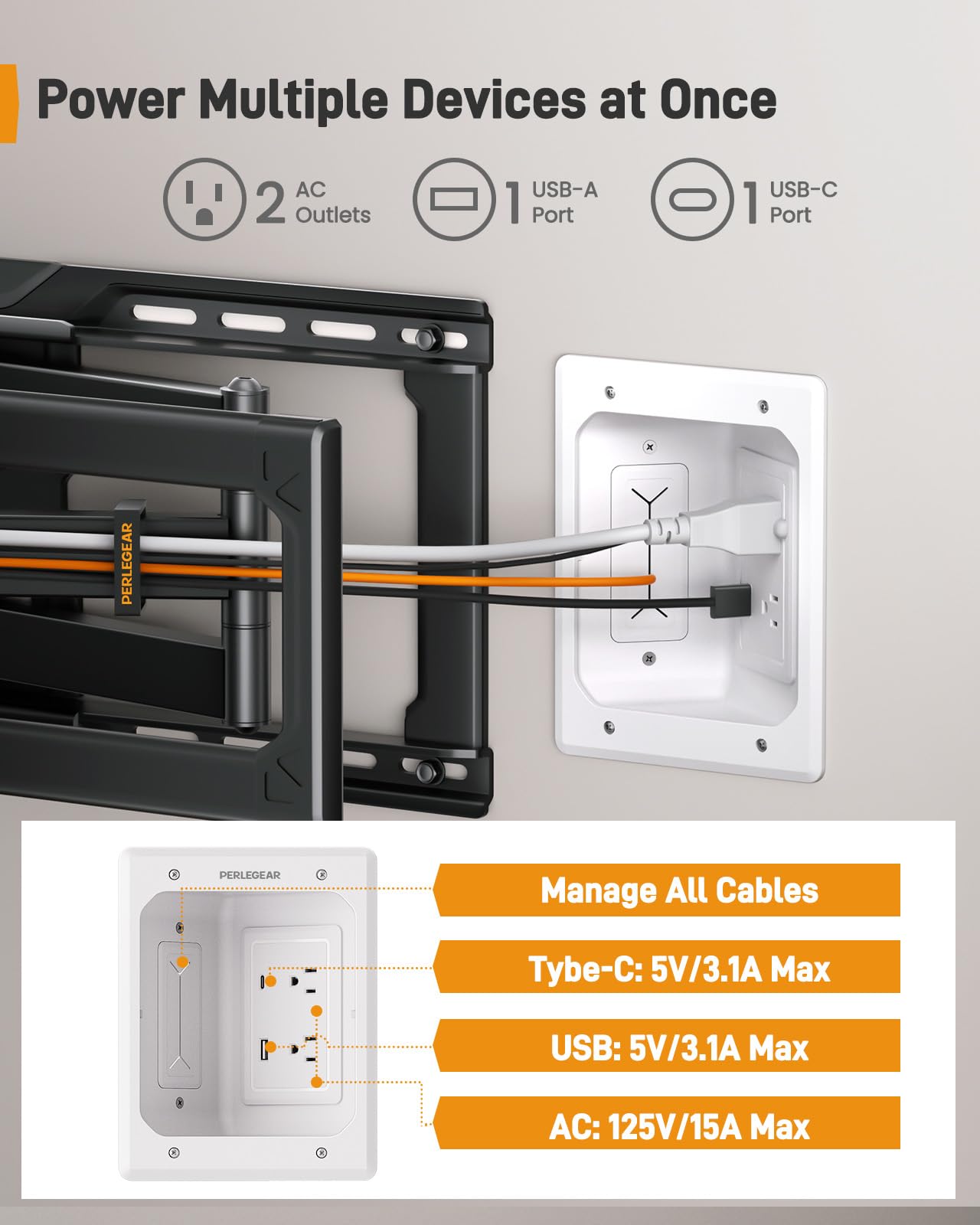 Perlegear Hider - Cavo per montaggio a parete TV con prese AC, porte USB-A e USB-C, kit di gestione dei cavi a parete, include modelli di trapano, sacchetti per la polvere, sega per cartongesso