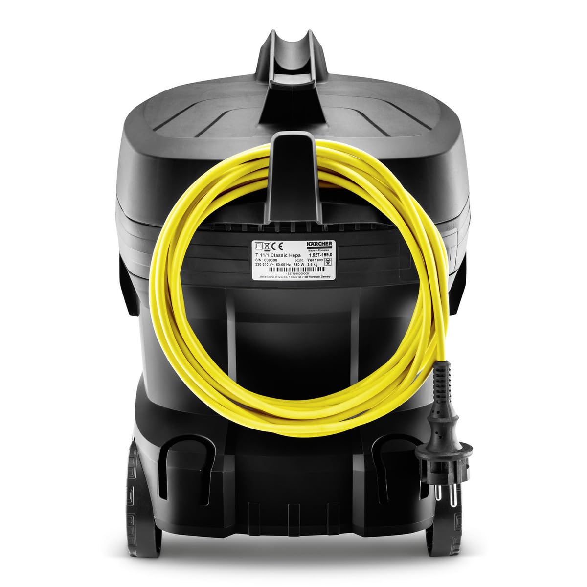 KÄRCHER aspirapolvere T 11/1 Classic HEPA Re!Plast, contenitore (materiale riciclato): 11 l, potenza: 850 W, rumorosità: 61 dB(A), peso: 4,2 kg, cavo: 7,5 m, cestello filtro permanente, filtro HEPA-14