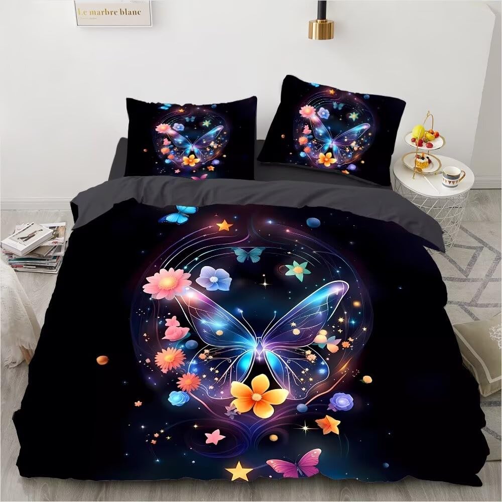 Fluorescencyjny motyl podwójna poszwa na kołdrę 220 x 230 cm, kolorowe kwiaty zestaw pościeli z mikrofibry z 1 poszewką na kołdrę 2 poszewkami na poduszki 50 x 75 cm