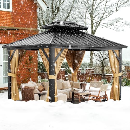 10x12ft Double Roof Hardtop Gazebo, Heavy Duty Galvanised Steel Hardtop Pavilion with Nettings and Curtains, Metal Roof Gazebo for Patio, Terrace, Lawn and Deck, Brown