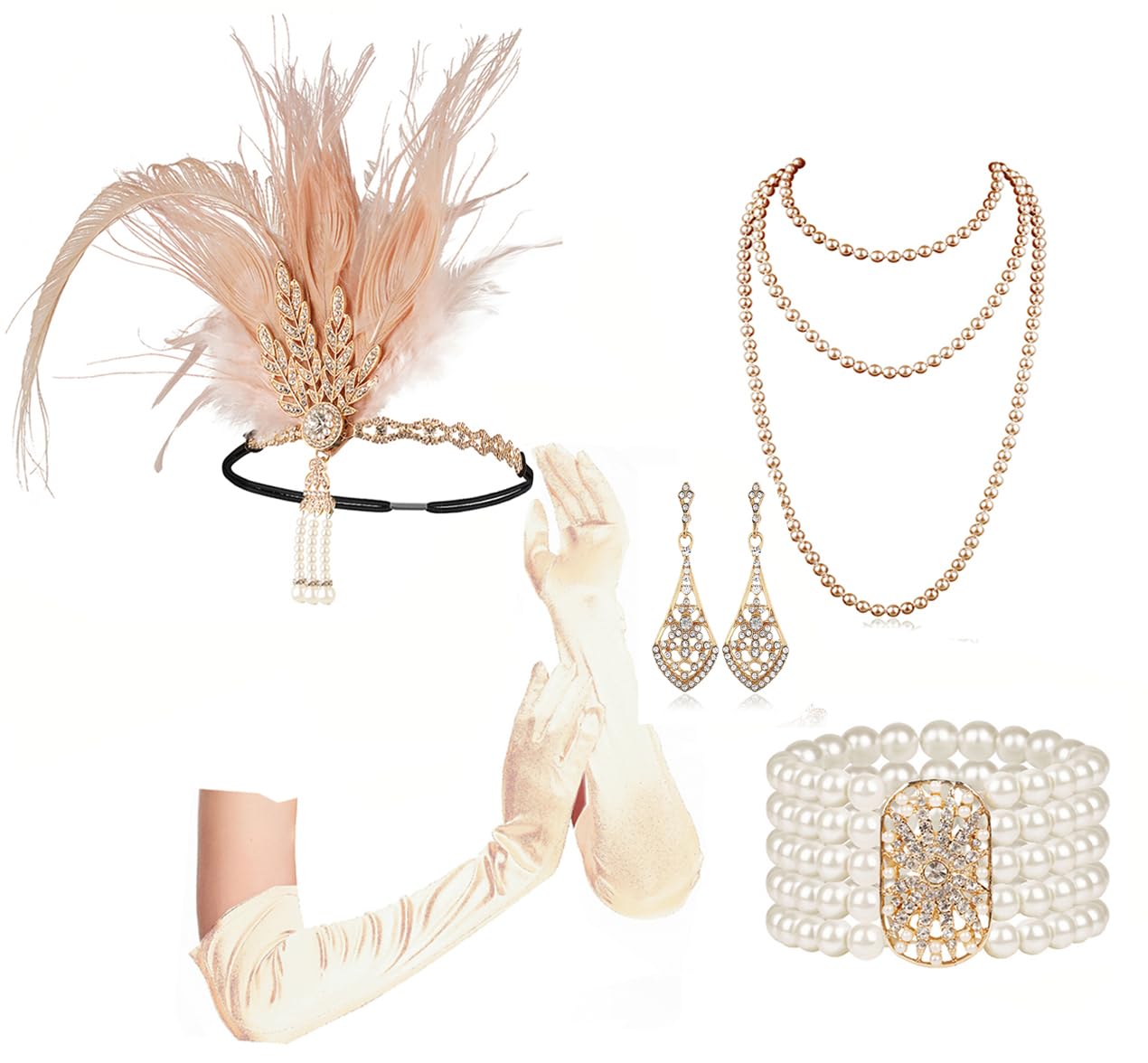 Cizoe 1920s Accessories Set for Women, Flapper Accessory Great Gatsby Costume Headband Flapper Necklace 20s Gloves