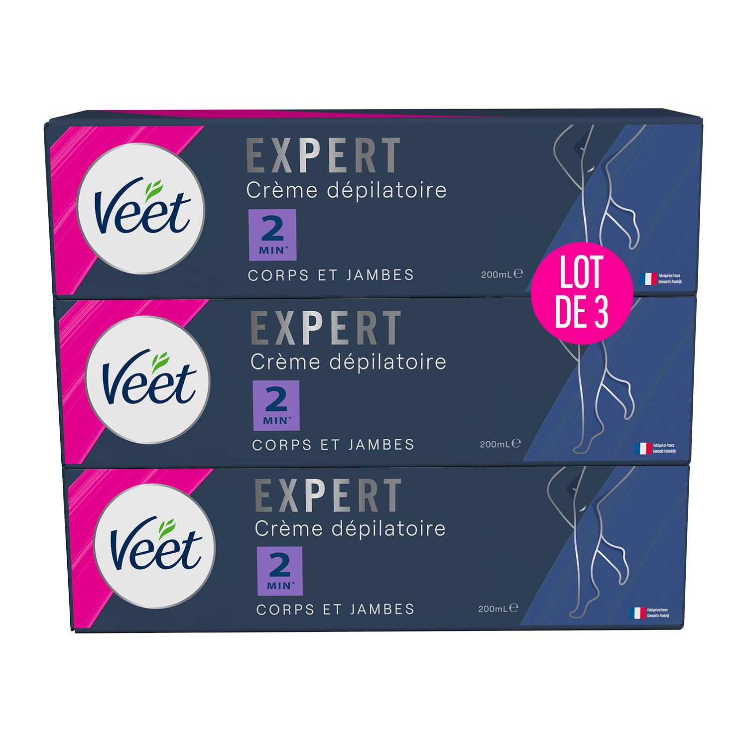 VEET EXPERT - Lot de 3 Crèmes Dépilatoire Poils Tenaces - Corps & Jambes - Agit en 2min - 3x200ml