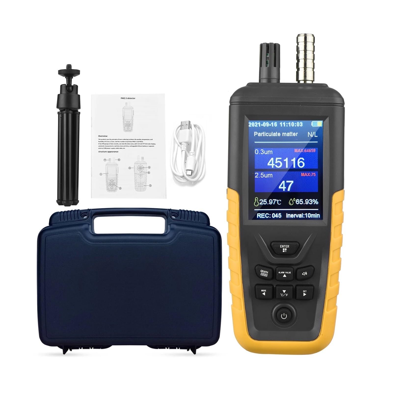 Contador de partículas de polvo PM2.5 Detector de PM10 Probador de concentración de polvo Medidor de temperatura y humedad for sala limpia de clase 100 Sensores precisos para una detección rápida(TC-8