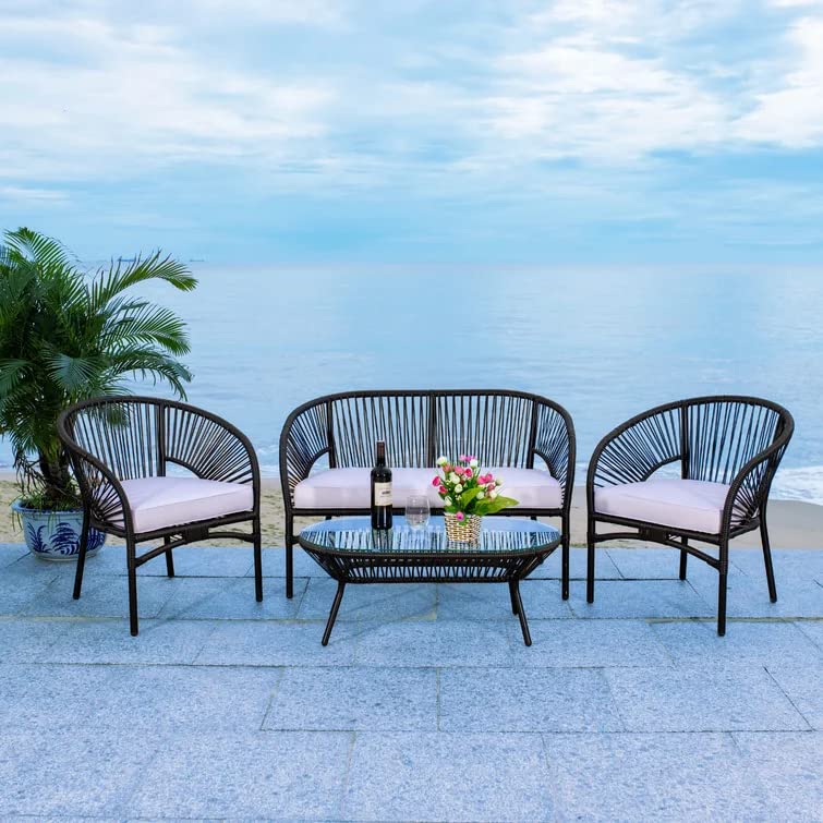 Image of DEVOKO Outdoor Patio 4 Piece Rope Garden Sectional Conversation Set with Glass Top Table for Backyard, Pool, Terrace, Deck (Black & White)