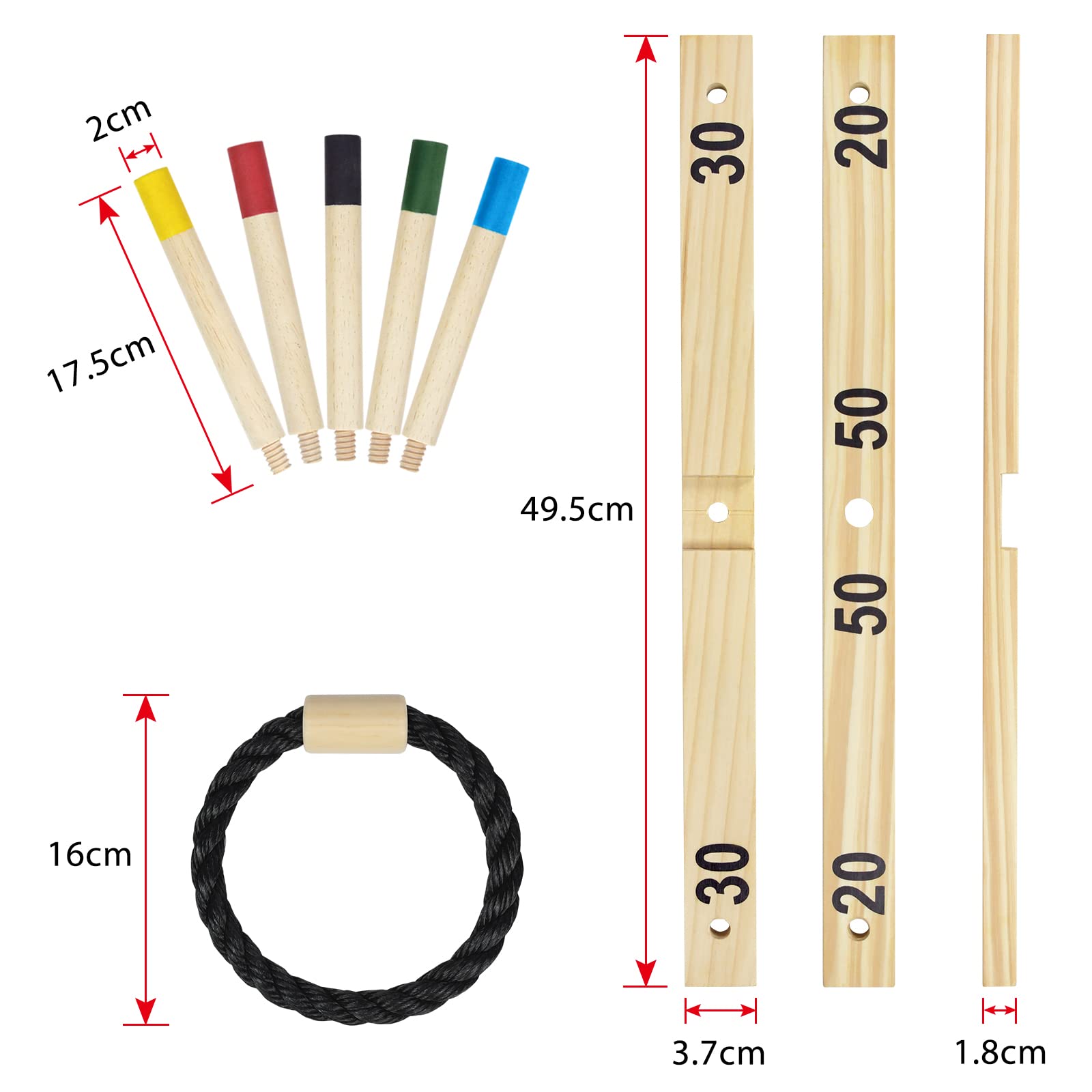 Jeu de lancer d'anneaux en bois avec 5 anneaux en nylon et 5 barres colorées, amusant pour enfants et adultes