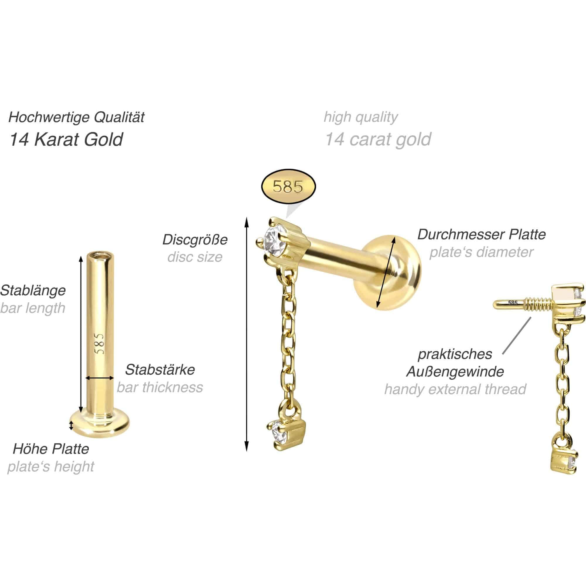 PIERCINGLINE Piercing Stecker 14 Gold Labret mit Innengewinde 2 MOISSANITE + KETTE 585er Gold - Roségoldfarben, Goldfarben, Silberfarben