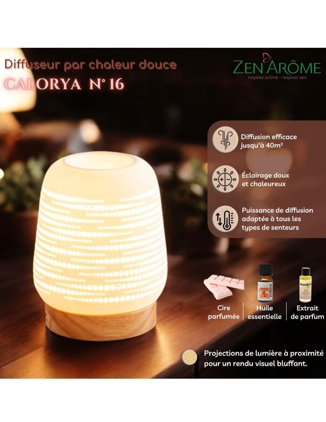 Zen'Arôme Calorya n°16 - Quemador eléctrico de Cera aromática - Quemador de Aroma de Calor Suave - Cerámica con decoración Calada e iluminación Ambiental - H 21,5 cm