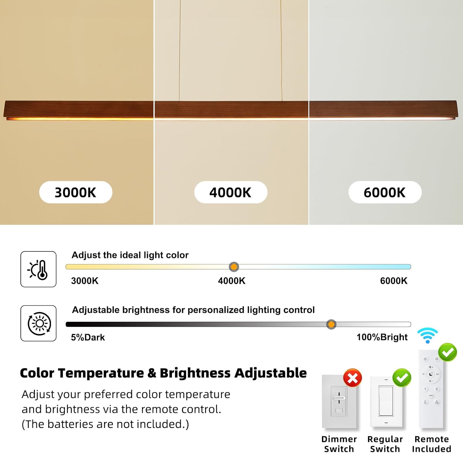 43" Wood Linear Pendant Light, 24W Hanging Pendant Light, Dimmable Modern Led Pendant Lighting, Adjustable Wood Linear Chandeliers for Dining Room, Kitchen Island, Bar, Pool Table-Walnut