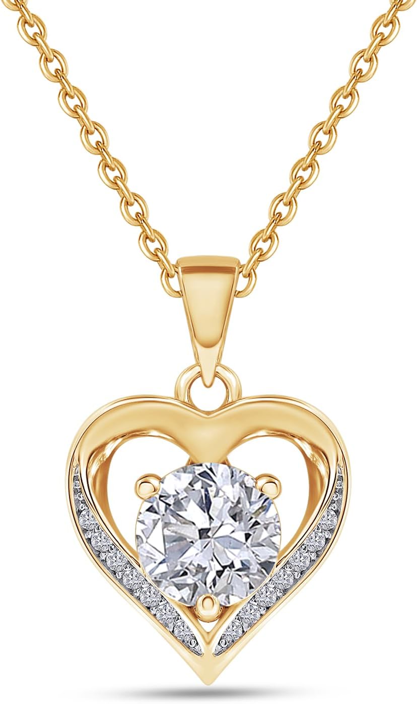 18K Gold Plated Heart Love Necklace For Women | 1.00 Carat 6.5MM Moissanite Diamond Solitaire Pendant Necklaces Jewelry 16"+2" Inch Extender (1.00 Cttw)