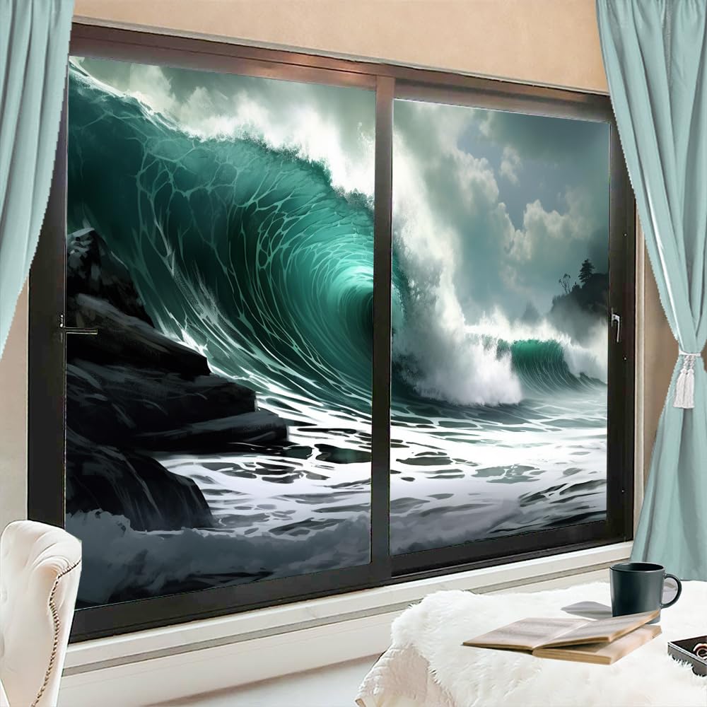Abstract Ocean Waves Privacy Window Film Nature Modern Sea View Stained Glass Window Coverings No Glue Static Cling Window Film for Home Office Stores 45 x 60 cm x2 Pcs