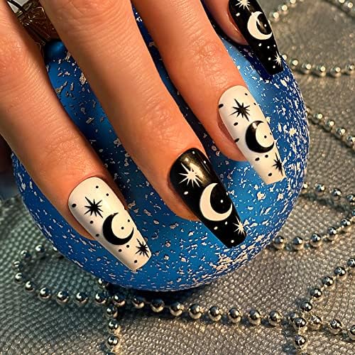 Press on Nails Short Squoval Glamermaid Fake Nails with Nail Glue, White Black Stars Oval False Nails with Summer Design, Glue on Nails Gel for Women, Reusable Acrylic Stick on Nails Tips Manicure Set 24Pcs