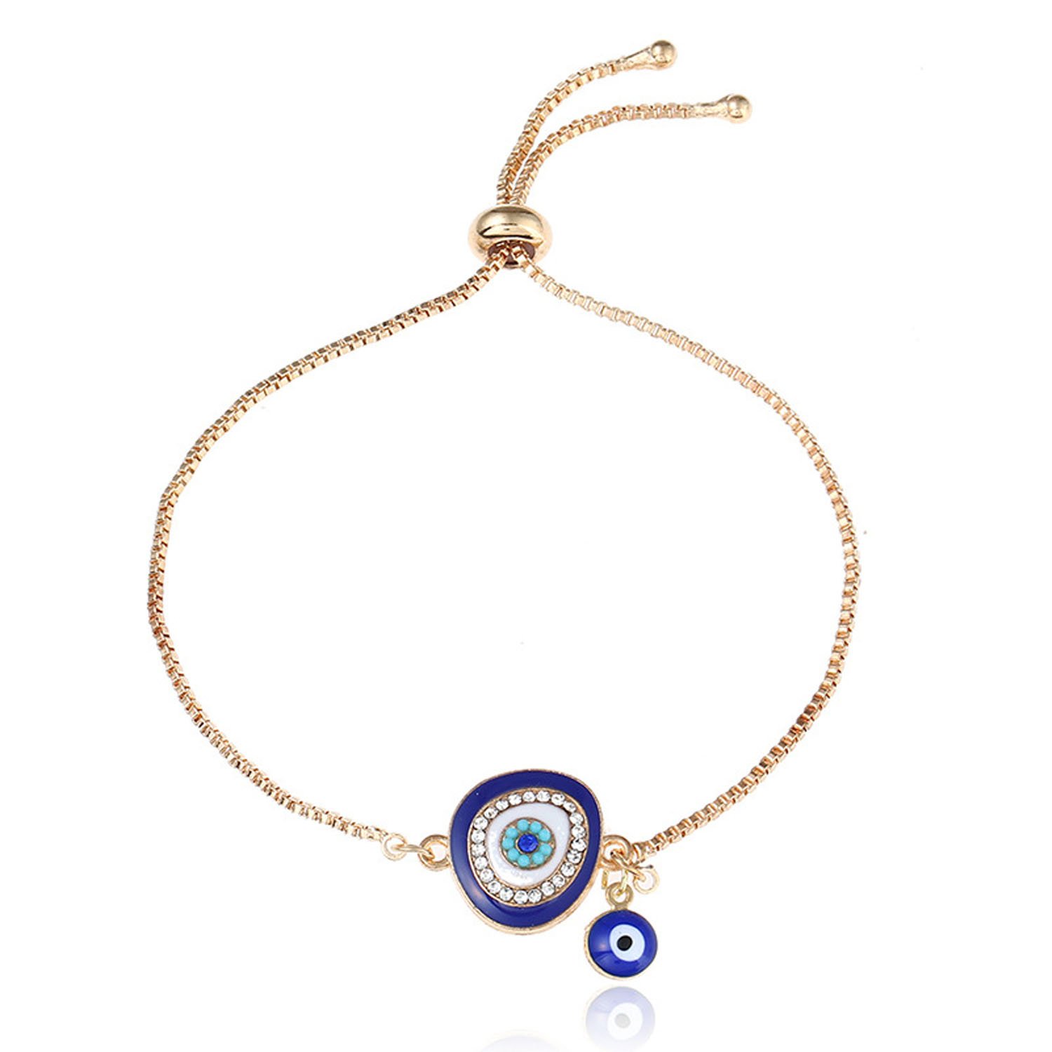 Young & ForeverEvil Eye Adjustable Bracelet, Blue Enamel and Crystal Charm, Gold-Plated Chain for Women Girls