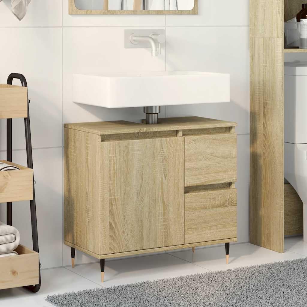 Mobile Lavabo Bagno Rovere Sonoma 65x33x60 cm Legno Multistrato | Armadietto sottolavello salvaspazio per bagno moderno con stabili piedini in ferro, un ampio vano e due cassetti.