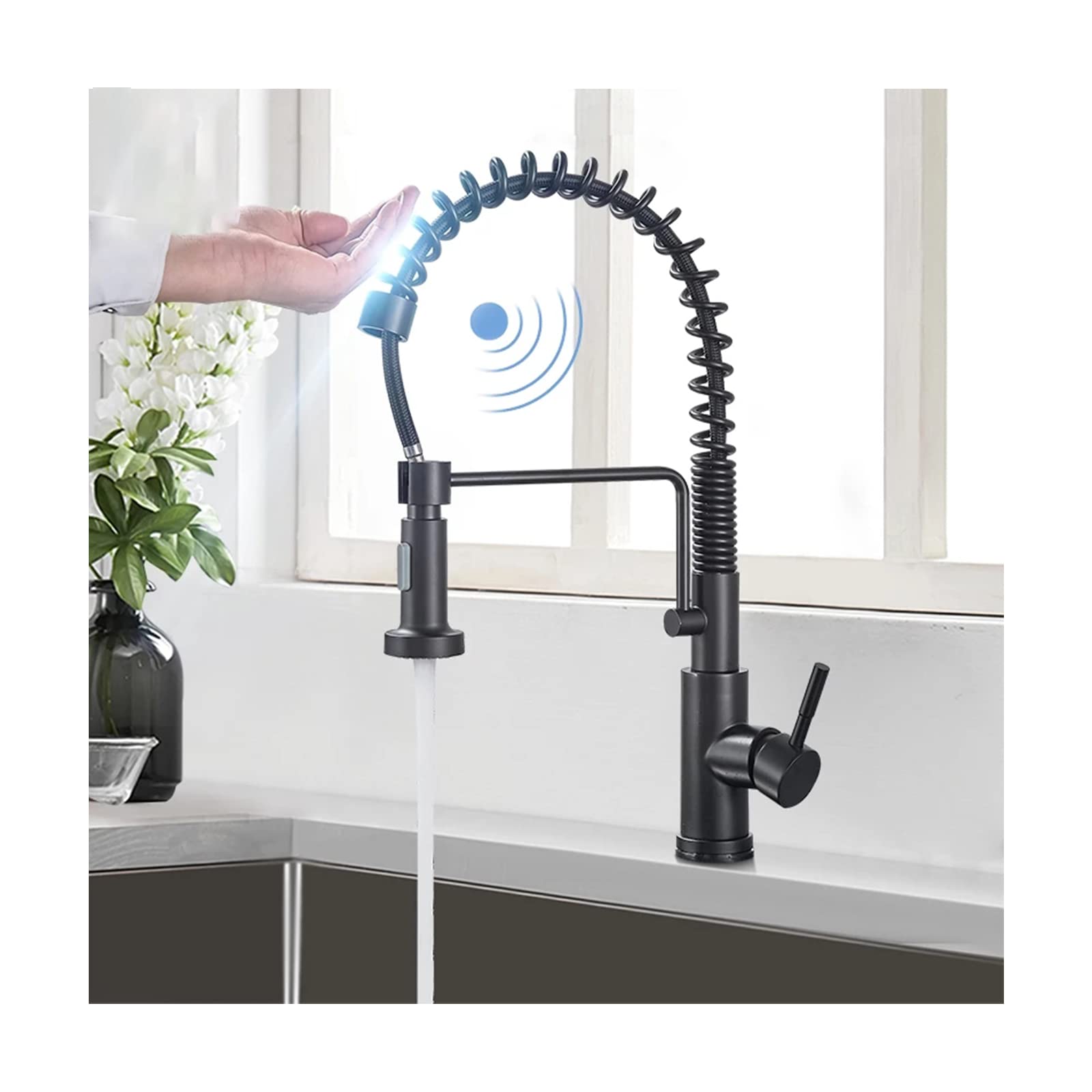 Lmysxaoz Black Touch Kitchen Sink Faucet,Single Handle Solid Brass Faucets With Pull Down Sprayer, Hot And Cold Water Mixer Taps
