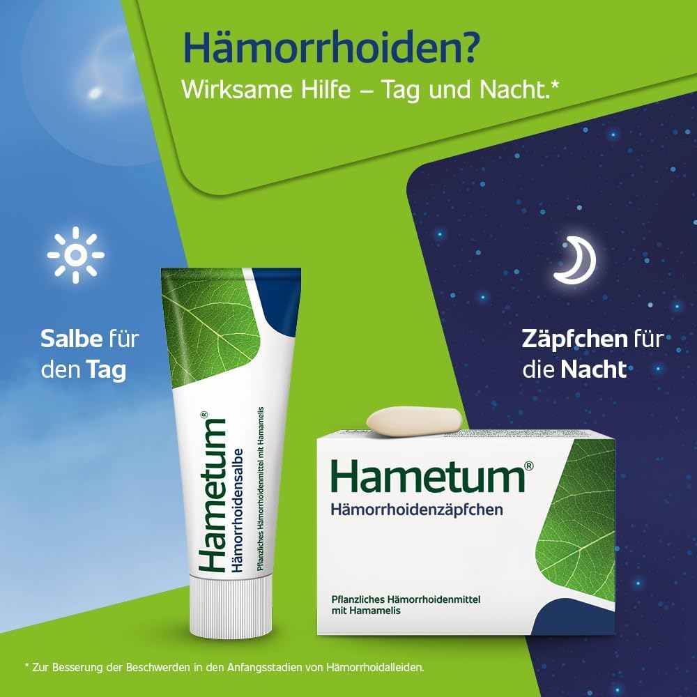 Hametum Hämorrhoiden Set | 25g Salbe | 10 Zäpfchen | pflanzliches Arzneimittel mit Hamamelis | entzündungshemmend | lindert Juckreiz und Brennen | gut verträglich