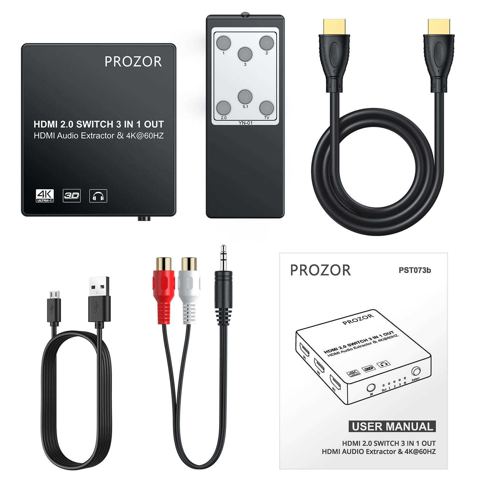 PROZOR HDMI Switch 3 Ingressi 1 Uscita con Estrattore Audio Uscita Analogico Ottico Toslink SPDIF 4K 3D HDMI Convertitore per Blu-ray DVD Player Satellite Box PS3 PS4 Apple TV PC HD Camera DVR