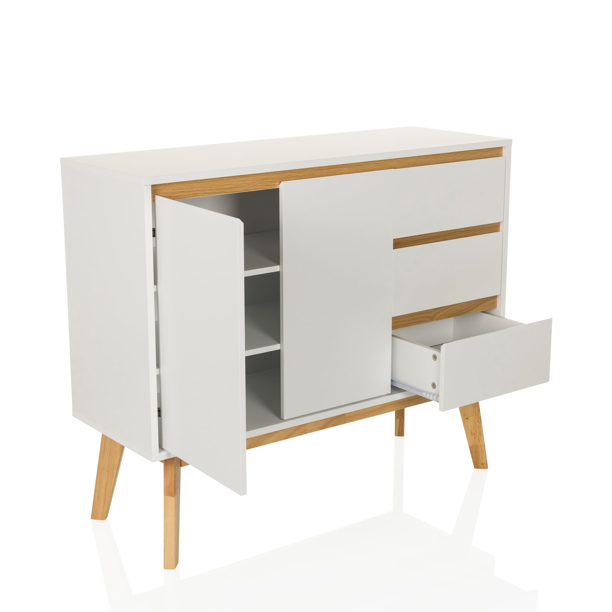Cassettiera con 3 cassetti, 2 ante TAROLO I Credenza in stile scandinavo, chiusura ammortizzata, design senza maniglie, mobile con gambe in legno, bianco