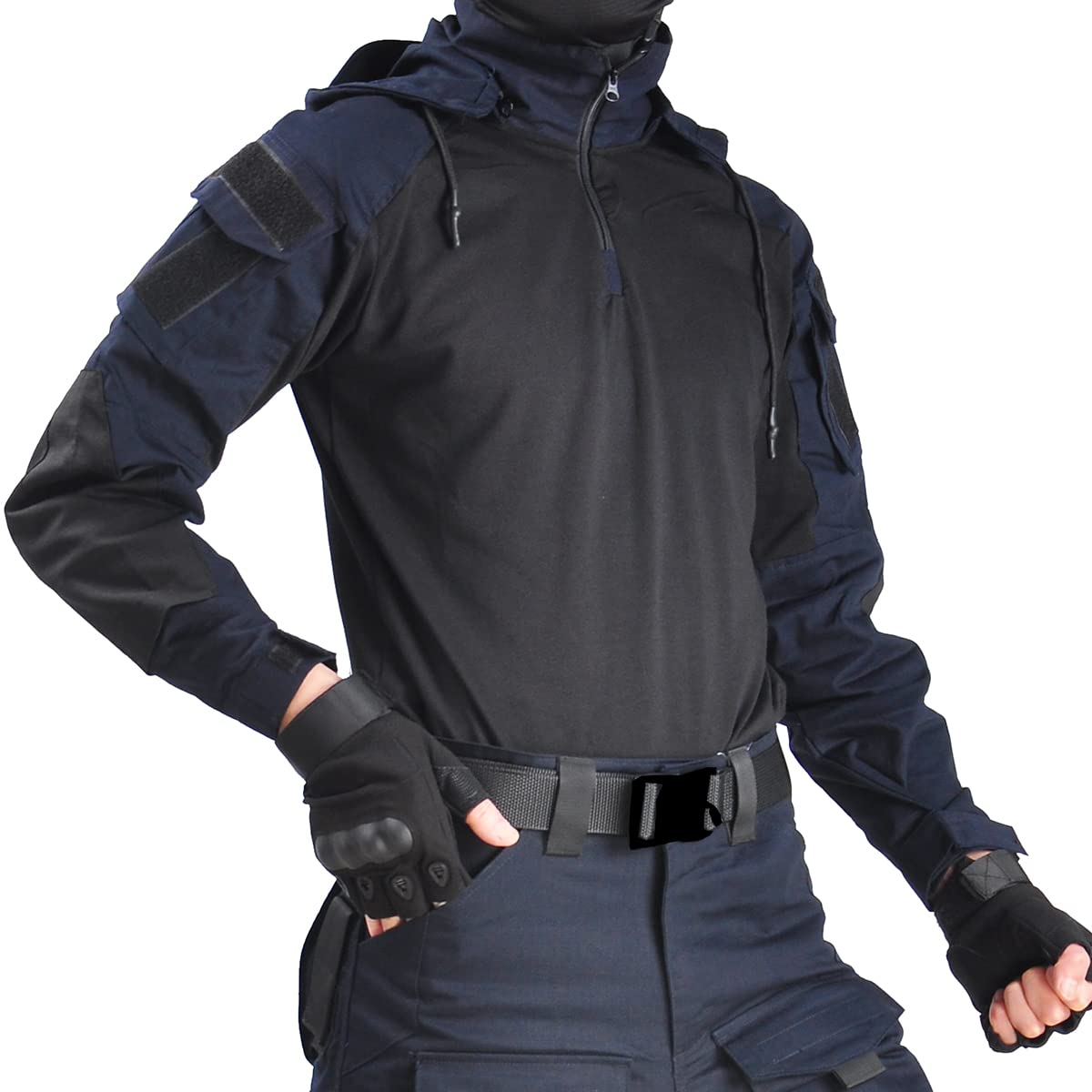 Men's Tactical Shirt Combat Airsoft Long Sleeve Shirts with Elbow Pads Camo Military T-Shirt with Hood