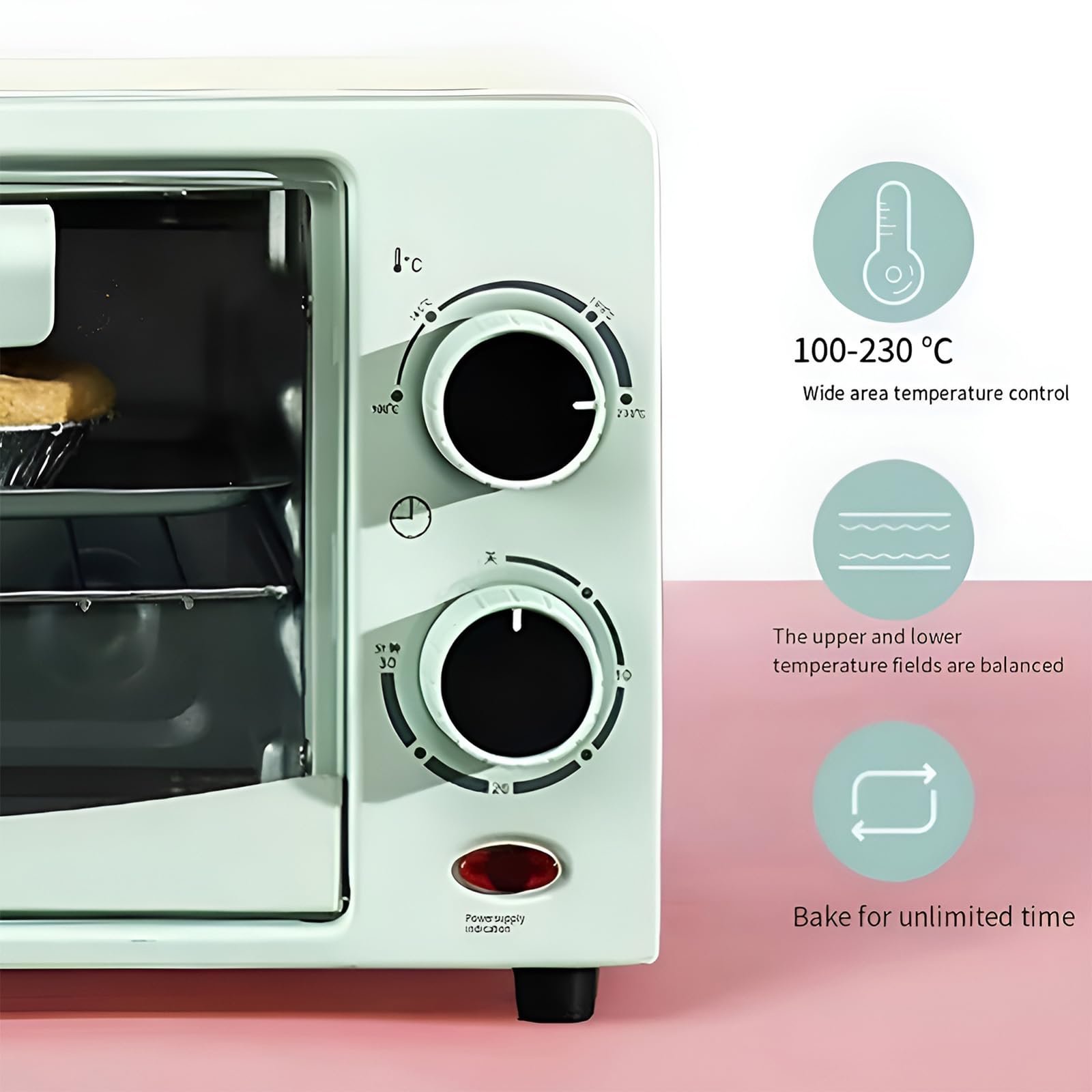 Mini forno elettrico con funzione friggitrice ad aria, 12 litri, tostapane a convezione da banco con temperatura regolabile da 0 a 230 °C e timer di 30 minuti, ideale per arrostire, cuocere al fo
