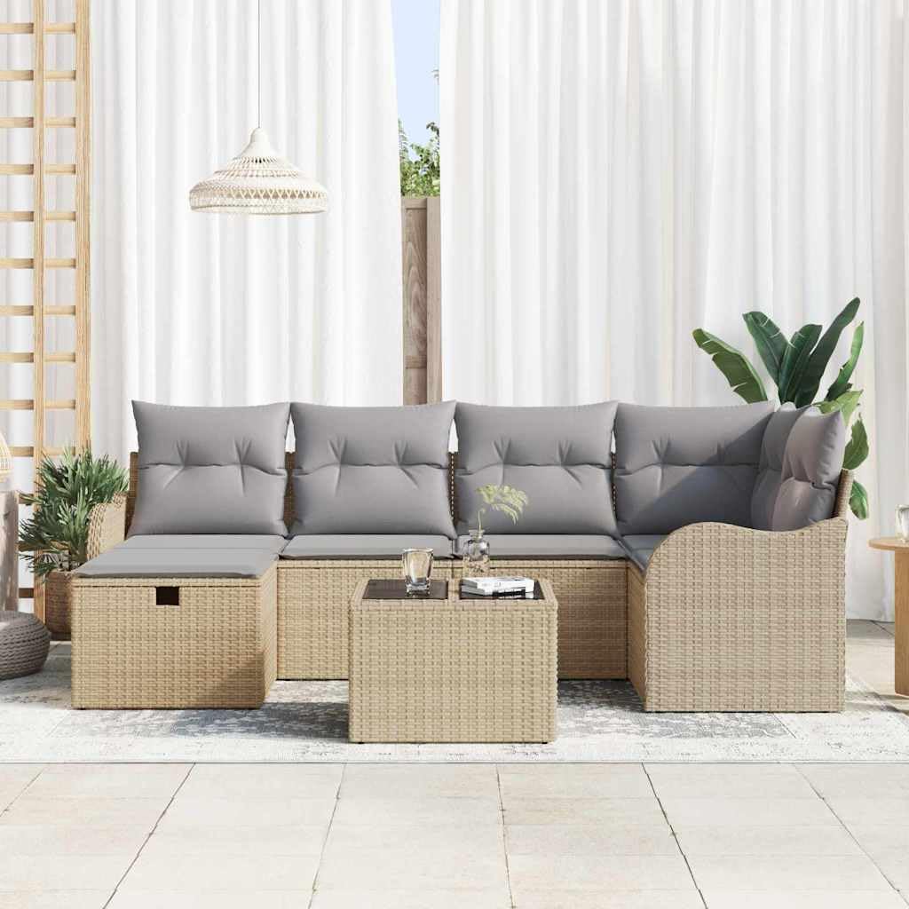 Modułowa sofa ogrodowa, 7-częściowy, z beżowego polirattanu z poduszkami i miejscem do przechowywania, łukowate podłokietniki, malowana proszkowo rama stalowa, wodoodporna torba