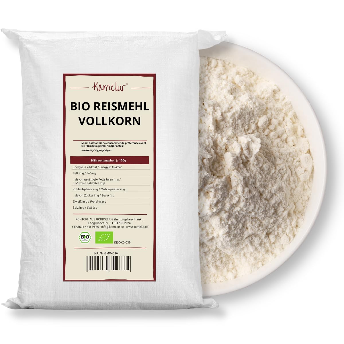 Kamelur Bio Reismehl 25kg – Vollkorn Reismehl aus kontrolliert biologischem Anbau – Für Reispudding, Backen & Kochen