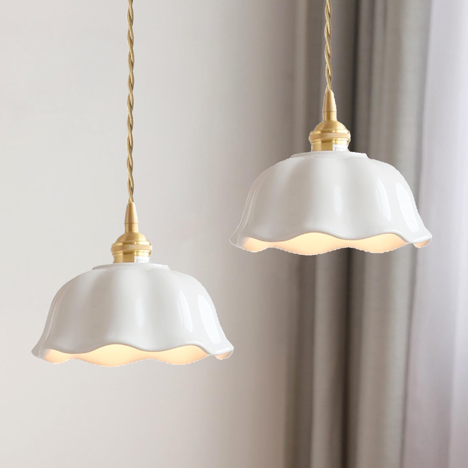 Set di 2 lampadari per soggiorno moderno, a forma di fiore, paralume in ceramica, a sospensione, stile retrò, E27, lampada da soffitto, lampada a sospensione nordica per cucina camera da letto