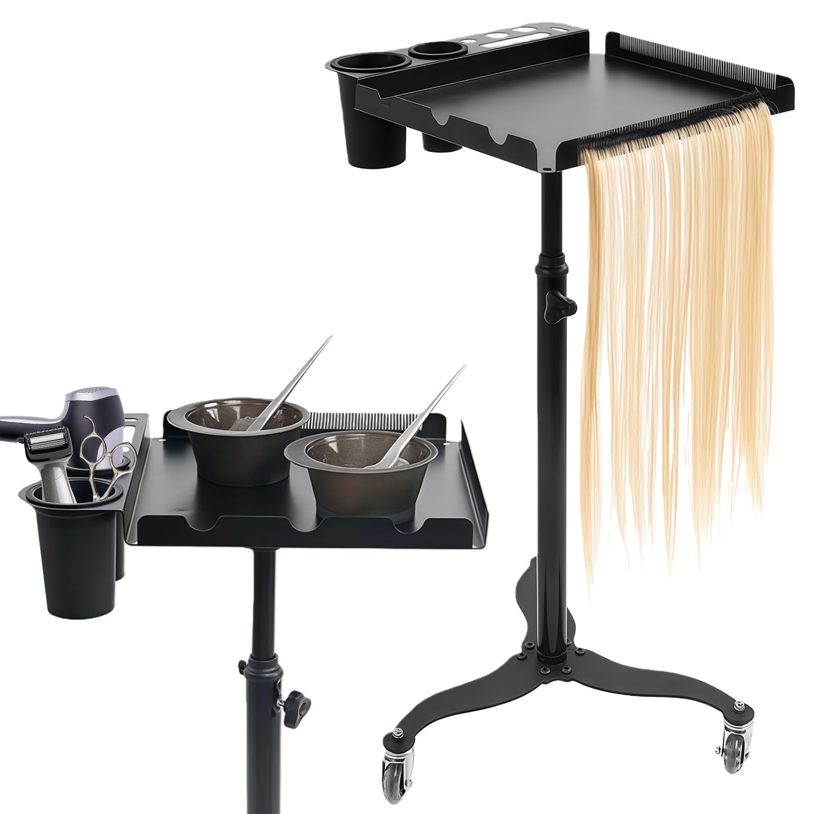 Bandeja de salón con ruedas con soporte, bandeja de servicio de salón ajustable en altura, de acero inoxidable, carrito de salón de peluquería, carrito de peluquería, estación de trabajo de tatuajes