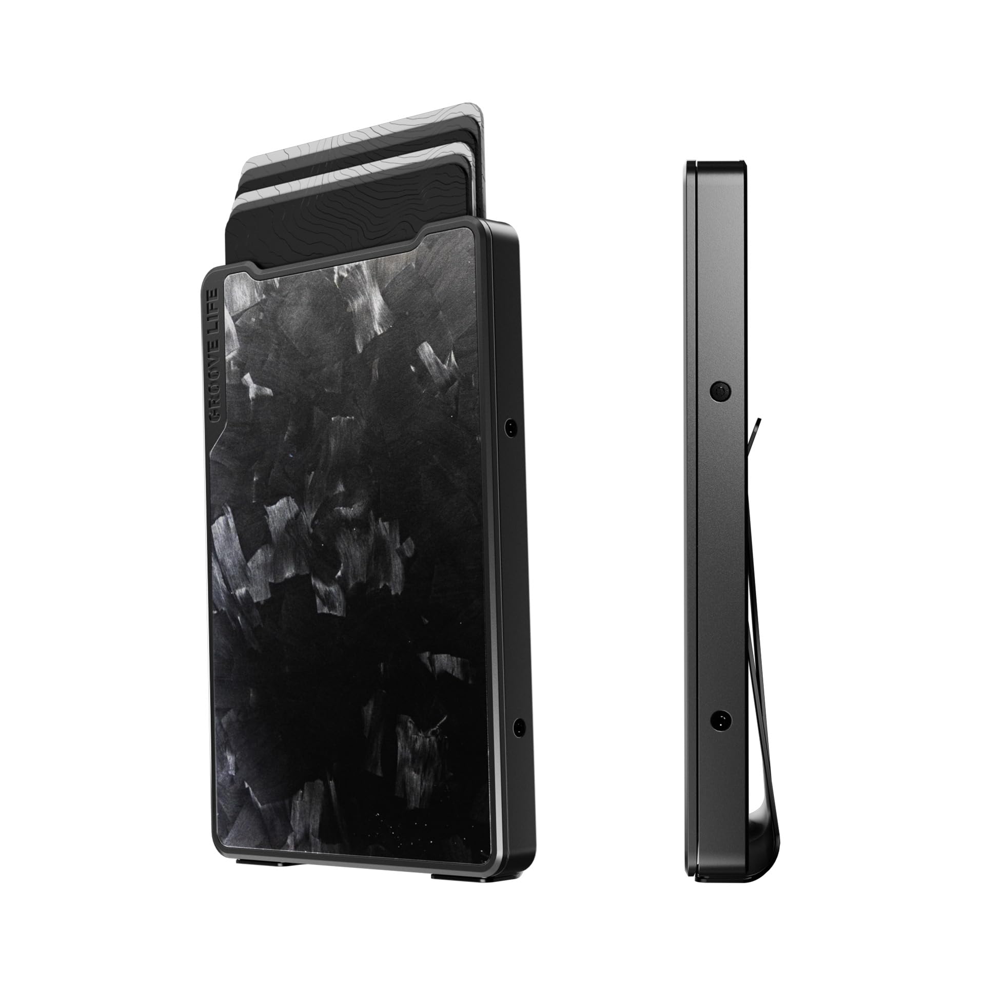 Groove Life Magnetic Thumb Swipe Wallet Forged Carbon Gun Metal with Money Clip - Minimalist Wallet for Men, Low Profile Aluminum Credit Card Holder