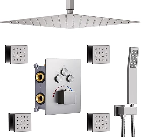 Miniatura 9 de Sistema de ducha cromado de 16 pulgadas con techo de chorro de cuerpo, juego completo de grifo de ducha de lluvia grande, sistema completo,