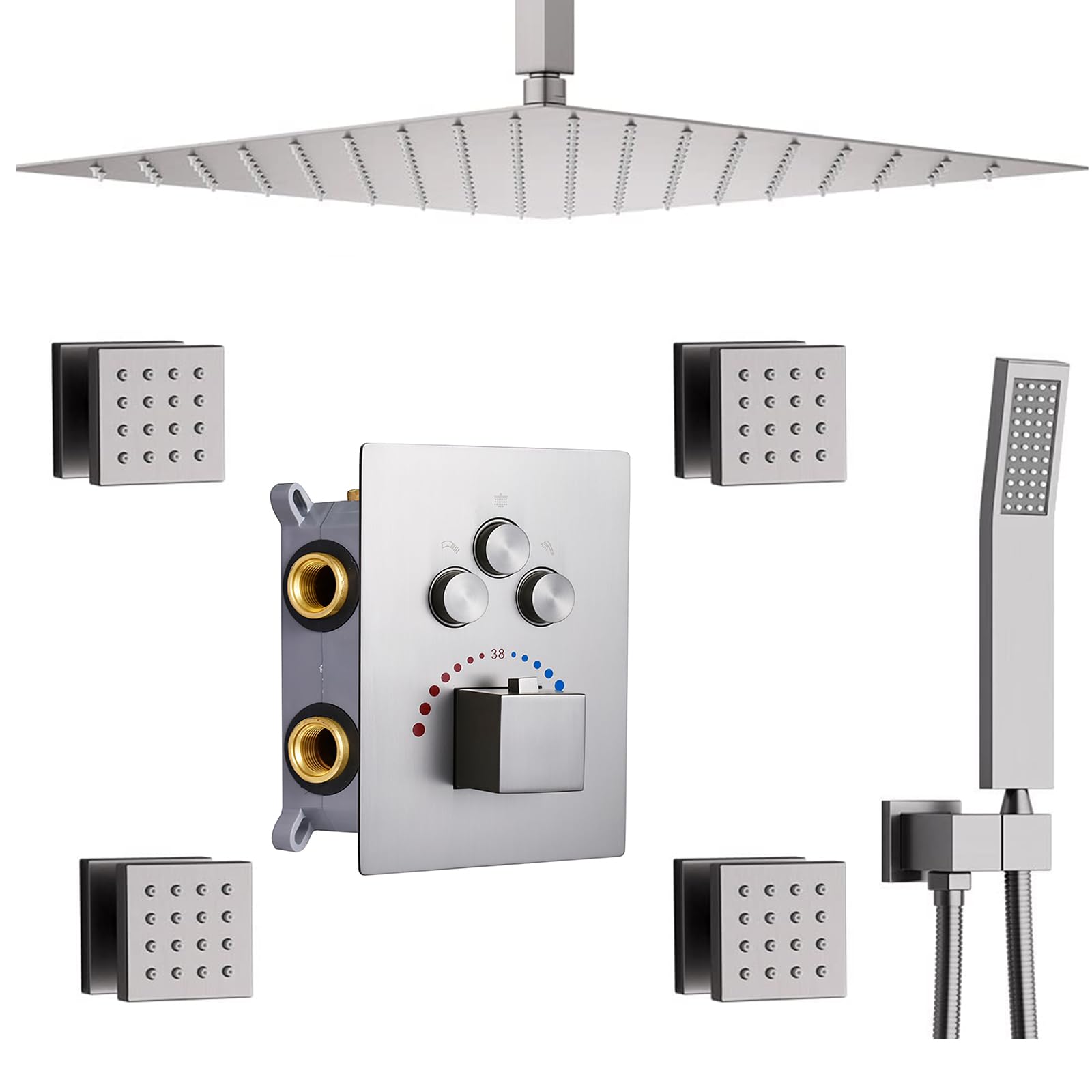 WHSHOWER Brushed Nickel Shower Faucet Set Complete 16 Inch Ceiling Luxury Modern Full Body Rain Shower System with Body Jets, Can Use 3 Function At A Time
