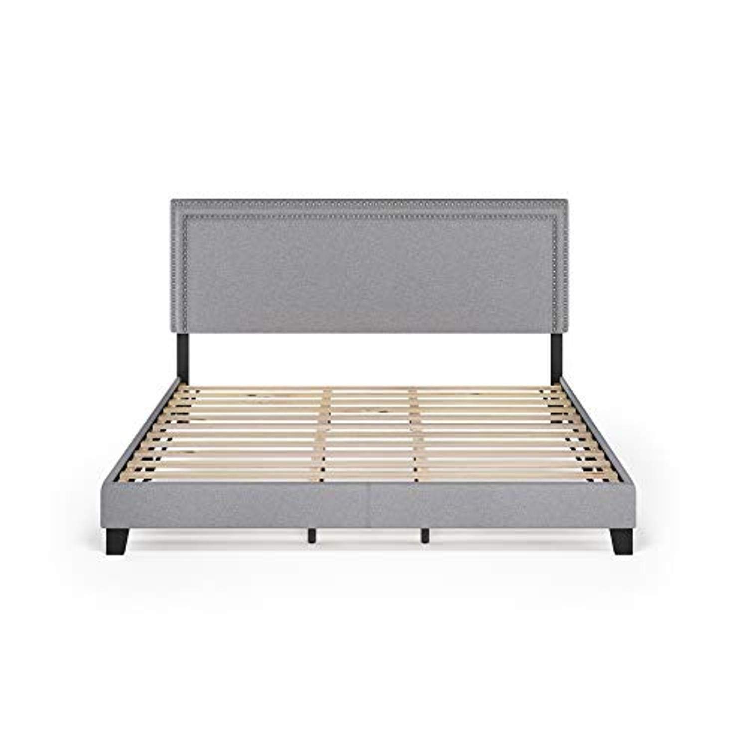 FurinnoLaval Double Row Nail Head Upholstered Platform Bed Frame, King, Glacier